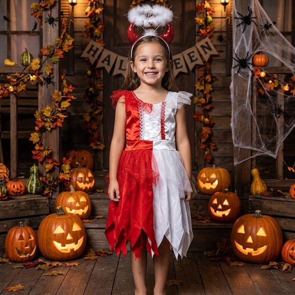 Girls Angel Devil Halloween Costume Red White Dress with Halo Horns Headband